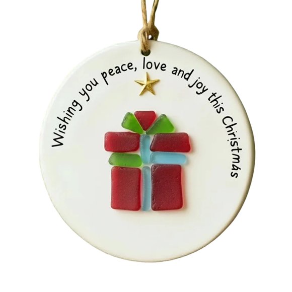 Sea Glass Christmas Tree Ornament with Miniature Beach Scene and Natural Sand for Holiday Decor
