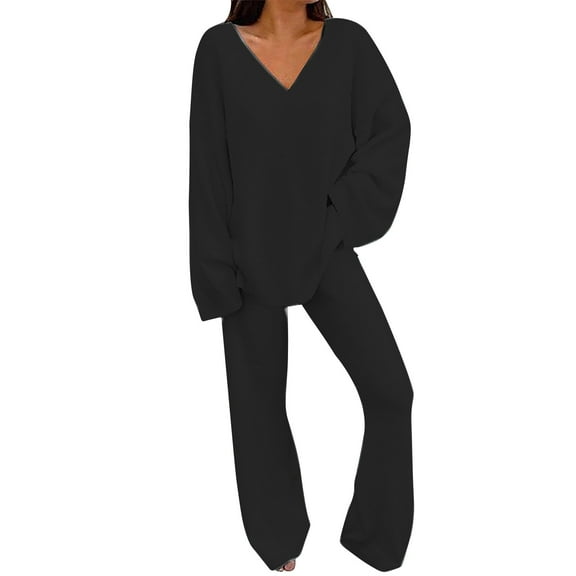 Outfmvch Lounge Sets For Women Womens Loungewear Set Ladies' Solid Color Comfort Collar Casual Daily Home Warm Two Piece Set Women'S Pajama Sets Black L