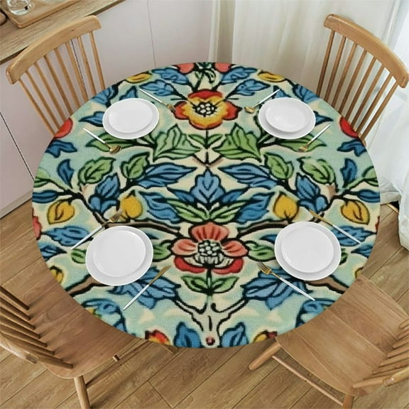 HAOXIT William Morris Round Tablecloth Four Fruits Tablecloth Teal Blue Vintage Floral Table Cover Washable for Dining Table Kitchen Picnic