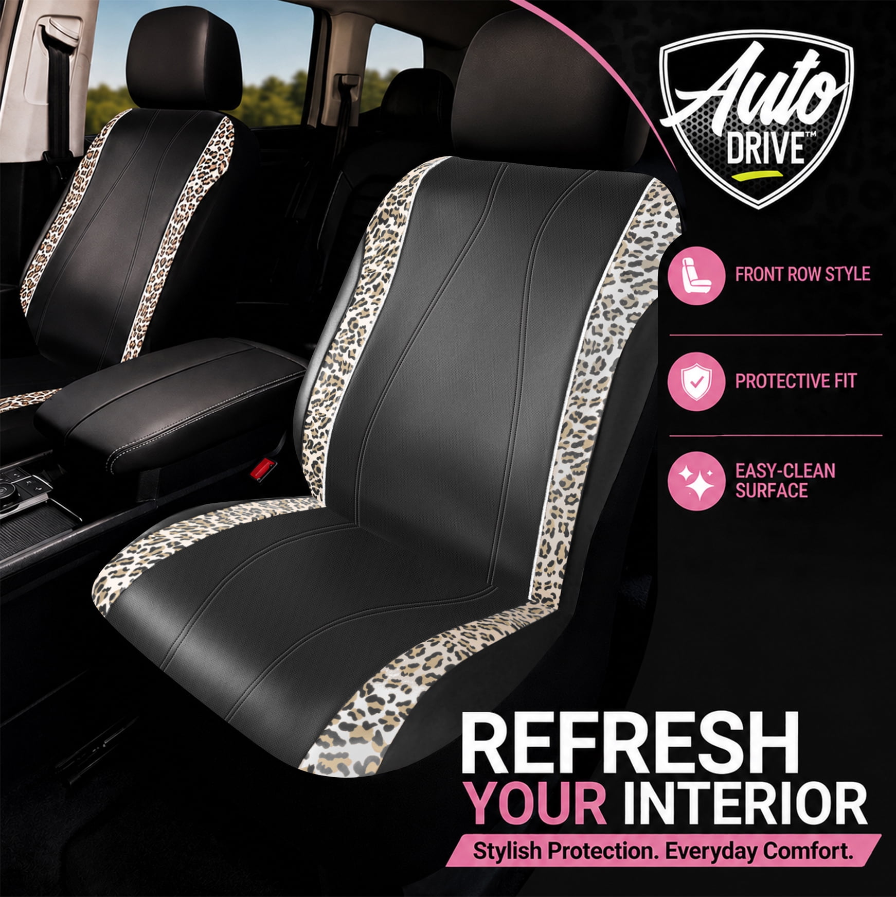 Auto Drive Car Seat Covers , Fashion Seat Covers,Leopard Print & Rhinestone Trim Front Seat Covers, Universal Fit, Airbag Compatible for Cars, SUVs and Trucks,Brown