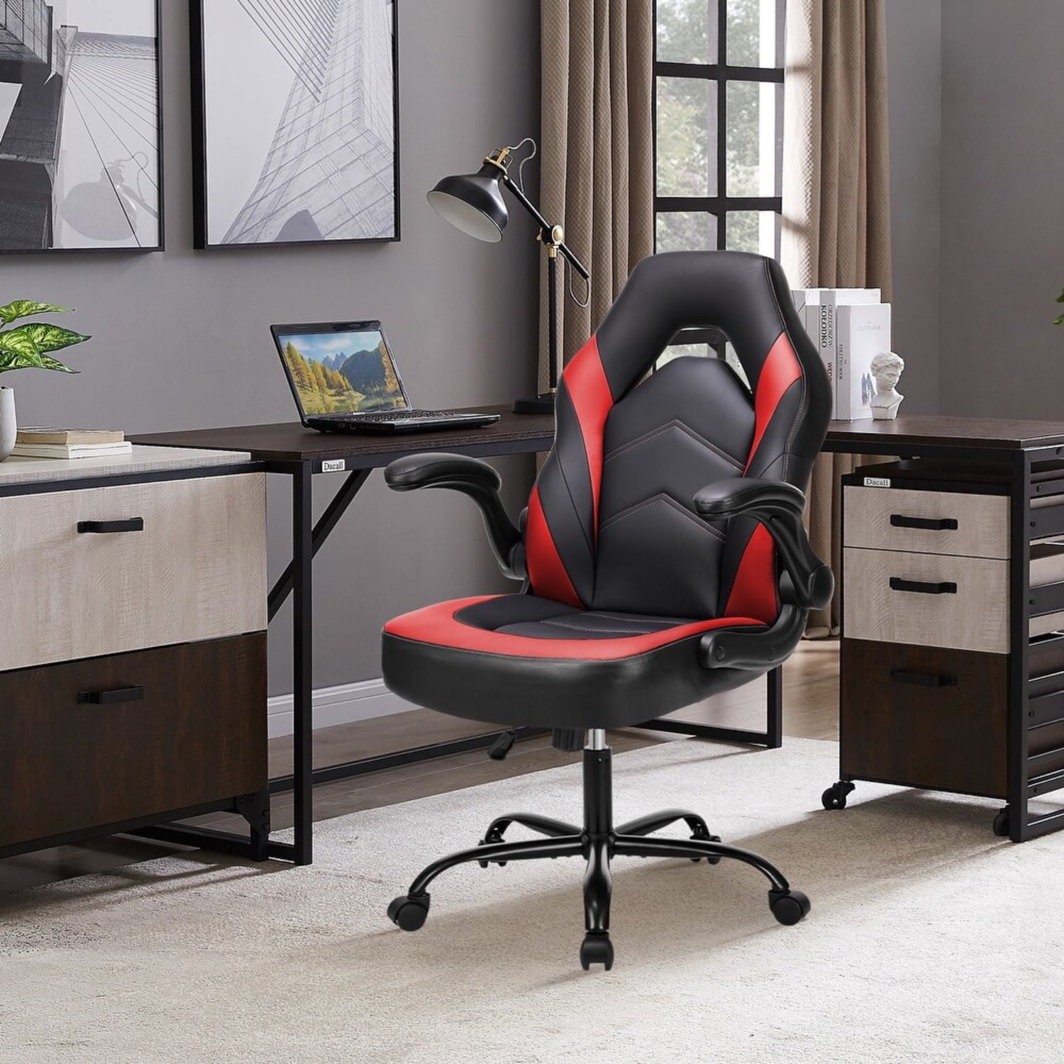 Ergonomic Gaming Chair, High Back PU Leather Computer Desk Chair with Lumbar Support, Flip-up Armrests & Adjustable Height, Black Red