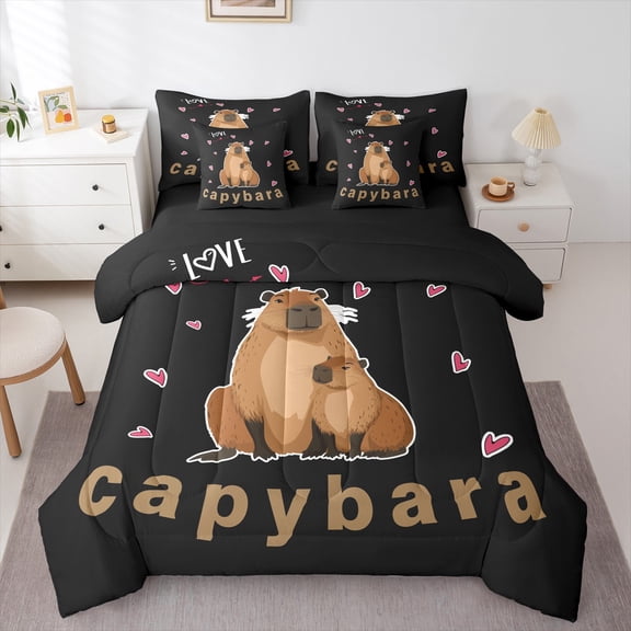 Homewish Kawaii Capybara 7-Piece Bedding Comforter Set For Preppy Kids Children,Cartoon Animal King Bedding Sets,Black Brown Ultra Soft Bed Sheets,Microfiber Bedroom Decor,Reversible