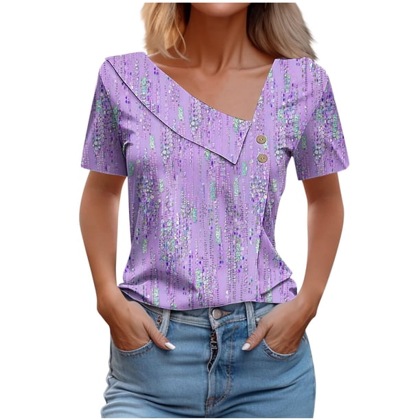 Tops de Algodón para Mujeres Cuello en V Casual de Manga Corta, Imitación Algodón Primavera Y Blusa de Verano