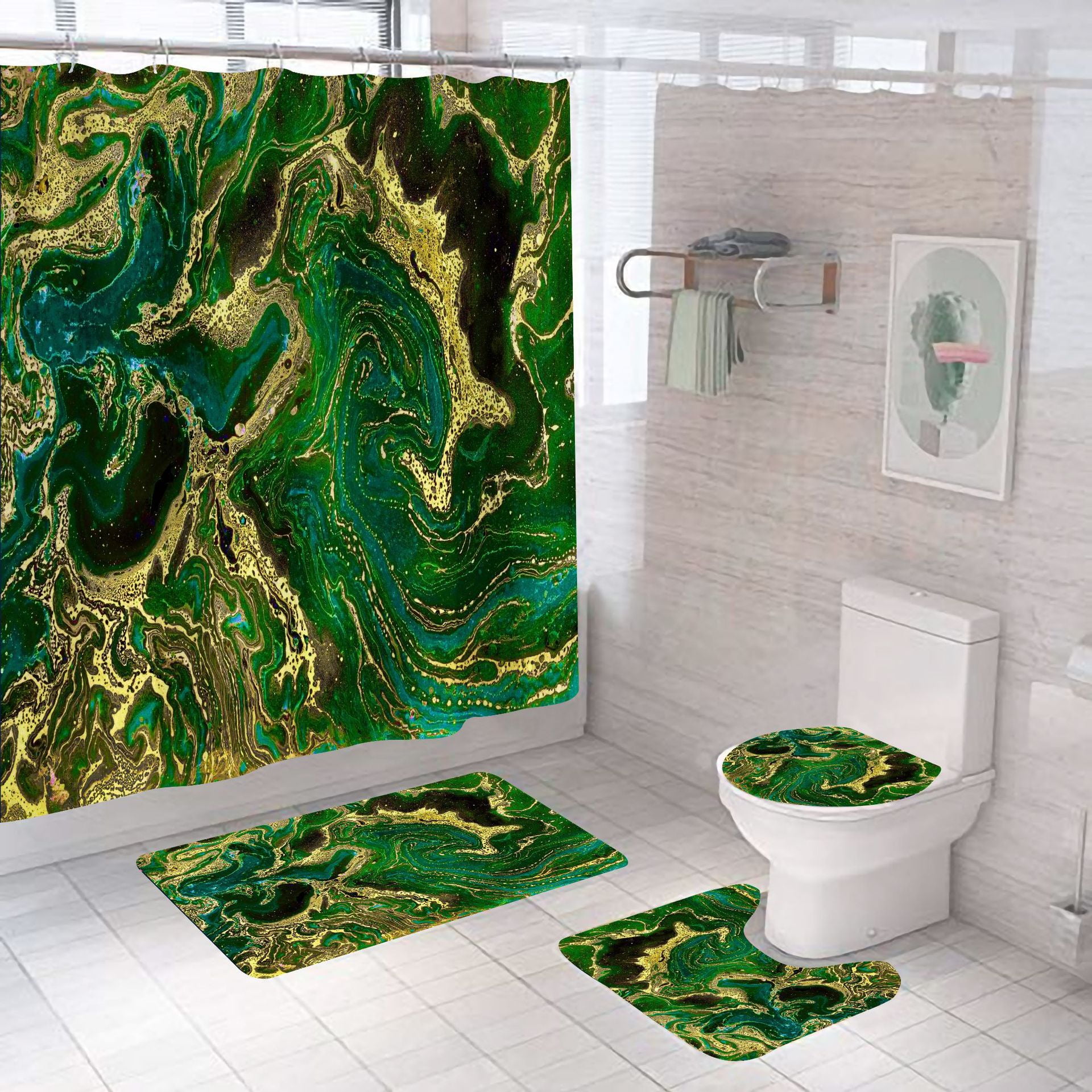 4Pcs Abstract Marble Stone Green Shower Curtain Sets, Waterproof