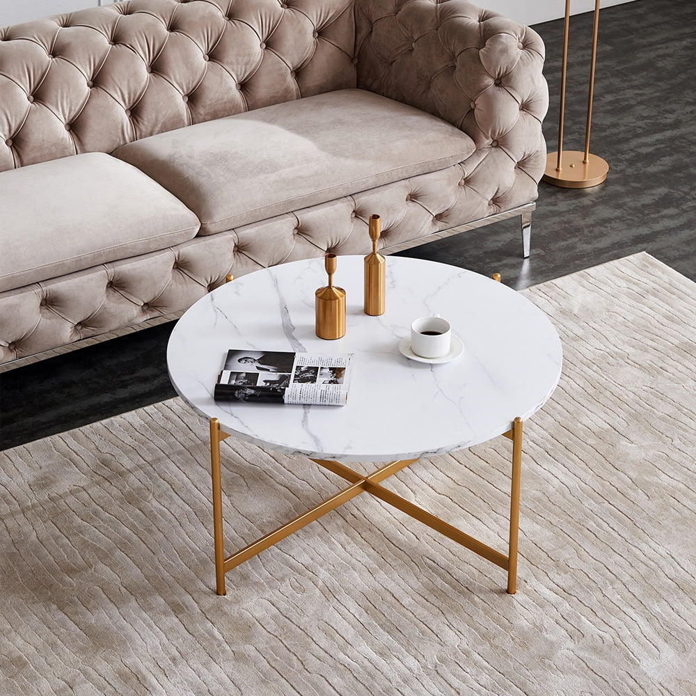 Private Jungle 32" Modern Round Coffee Table, Side End Table with Golden Color Frame and Wood Top