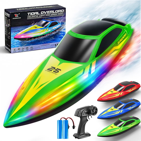 Zeemoto 10 Inch Remote Control Boat, 15 KM/H RC Racing Boat with 7-Mode LED Lights, 3 Speeds, 2 Batteries, Auto Flip Recovery, Green