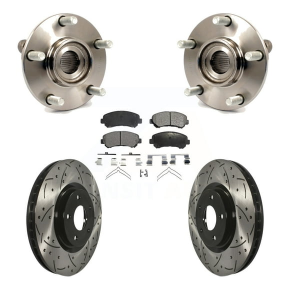 Transit Auto Front Hub Bearing Assembly Coated Drilled Slotted Disc Brake Rotors and Semi-Metallic Pads Kit for Car 2007-2012 Nissan Sentra SE-R Spec V with 2.5L KBB-102934