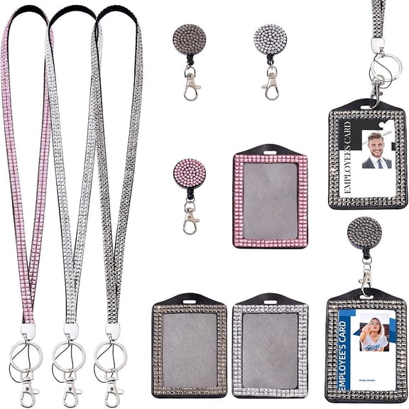 3Pcs 3 Colors Rectangle Bling ID Badge Holder Leather Badge Holder Clip Reel Card Holders with Metal Clips ID Card LanyardsDIY