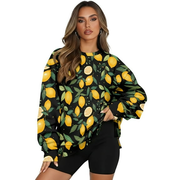 Xoenoiee Lemon Leaves Print Sweatshirt for Women Oversized Crewneck Long Sleeve Pullover Fleece Top 2025 Fall Winter Fashion Outfits Clothes, Size S