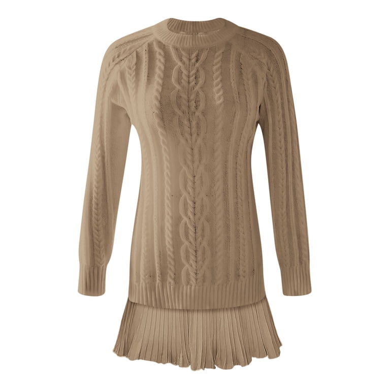 Women Crewneck Cable Knit Sweater Mini Dress, 2 Solid Long Sleeve Sweater & Pleated Dress Set (BW1 XL)