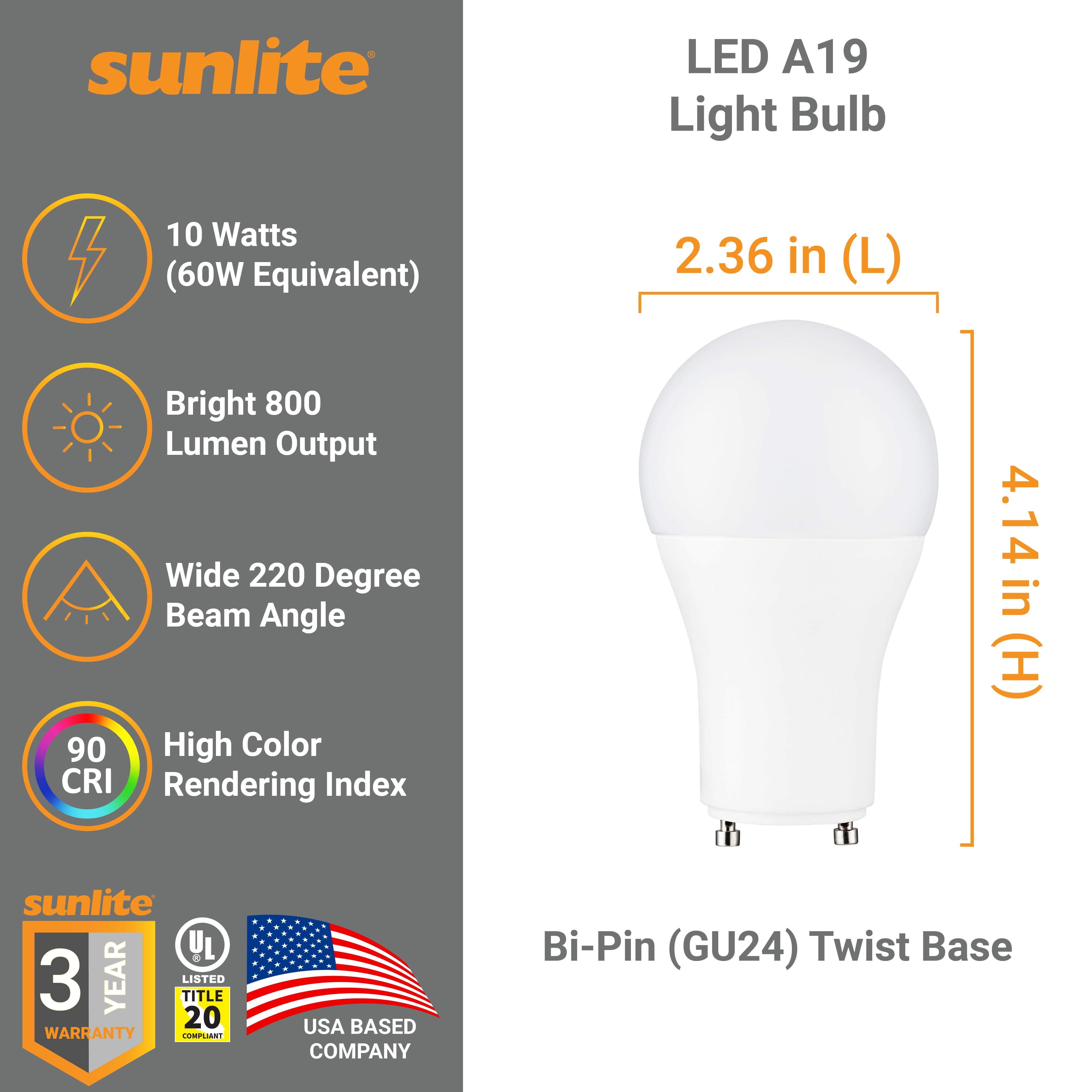 Sunlite LED A19 Light Bulb, 10 Watts (60W Equivalent), 800 Lumens, GU24 Twist and Lock Base, Dimmable, 90 CRI, UL Listed, Title-20 Compliant, 3000K Warm White, 6 Pack