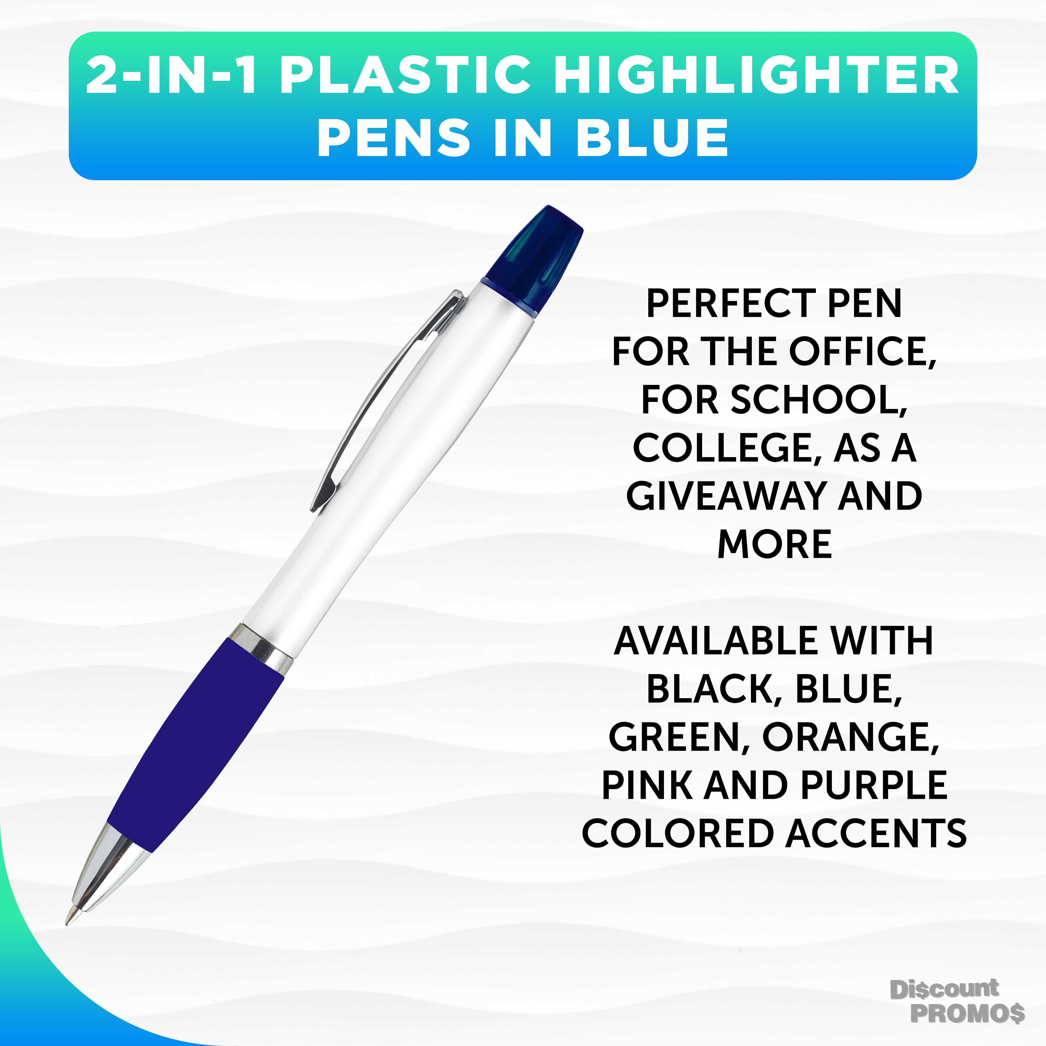10 Plastic Highlighter Pens Pack - Rubber Grip, Black Ink - Blue