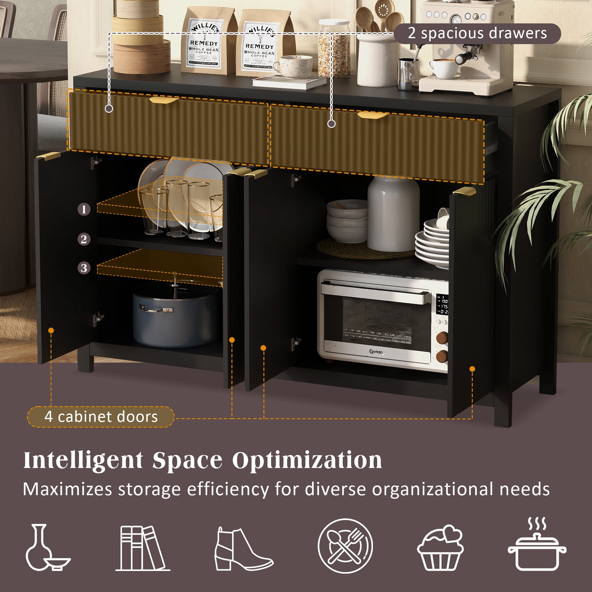 Euroco Sideboard Buffet Cabinet with 2 Drawers,55" Large Storage Cabinet with Adjustable Shelves and 4 Doors,Wood Coffee Bar Cabinet for Dining Room,Living Room,Hallway,Black