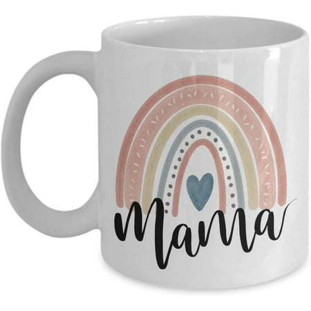 

Mama Coffee Mug Boho Scandinavian Pastel Watercolor Rainbow Mothers Day Idea for New Mom Cute 11 or 15 oz. White Ceramic Tea Cup for Wife from Childre