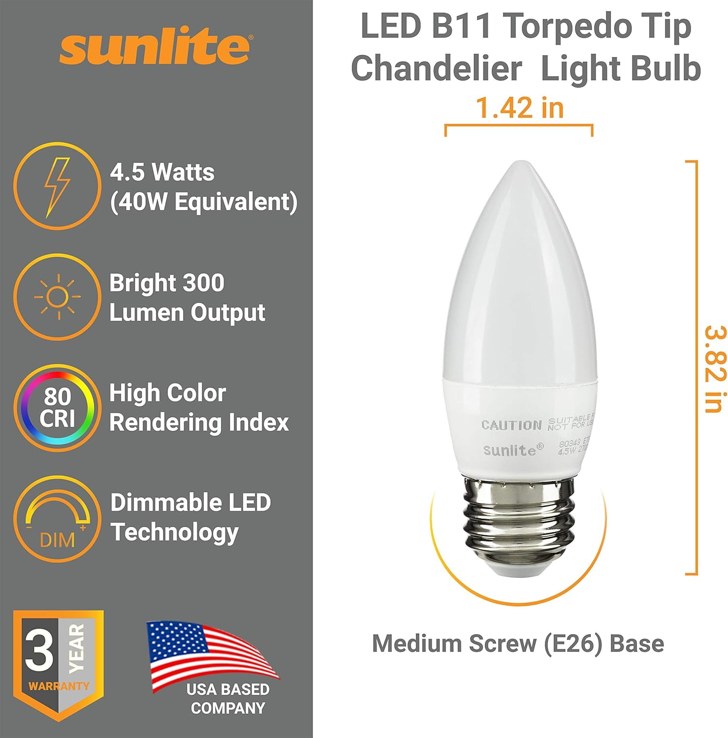 Sunlite LED B11 Torpedo Tip Chandelier Light Bulb, 4.5 Watts (40W Equivalent), Medium E26 Base, Dimmable, 2700K Soft White, Frosted, 6 Pack