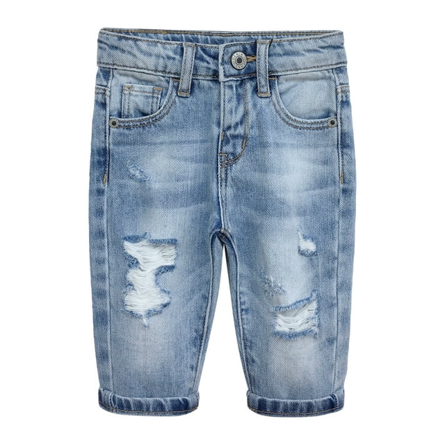 KIDSCOOL SPACE Infant Jeans,Baby Toddler Elastic Band Inside with D-ring Distressed Soft Denim Pants,Light Blue,2-3 Years