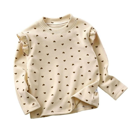 FINALGANG Boys Girls Kids Long Sleeve Pullover With Heart Print Ruffled Shoulder Ribbed Knit Crewneck Casual Top For Playtime Daily Wear Beige 3-4 Years