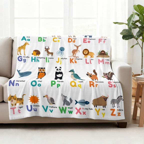 Fleece Blanket Funny Animals Alphabet Blankets,Soft Cozy Warm Flannel Throw Blanket,Wild Life English Character Blanket for Bed Couch Sofa 40x50in