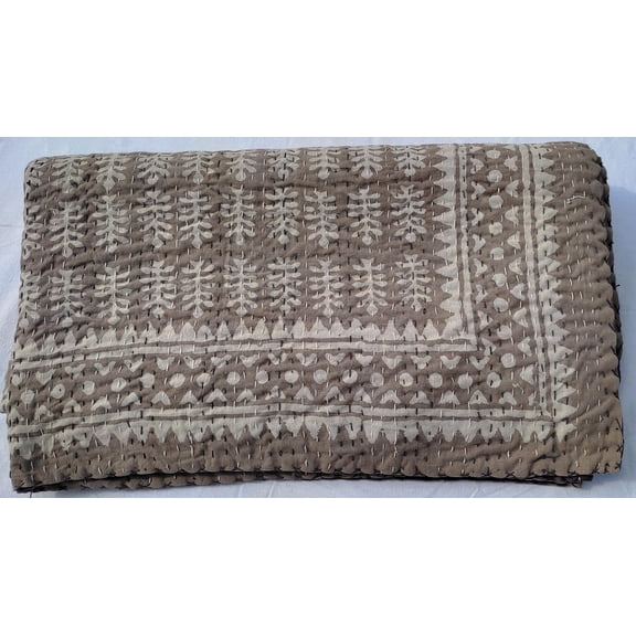 Brown Indian Kantha Quilt, Hand Block Print Cotton Bedspread, Rustic Boho Throw Blanket, Reversible Bedding Coverlet, Handmade Quilt Blanket