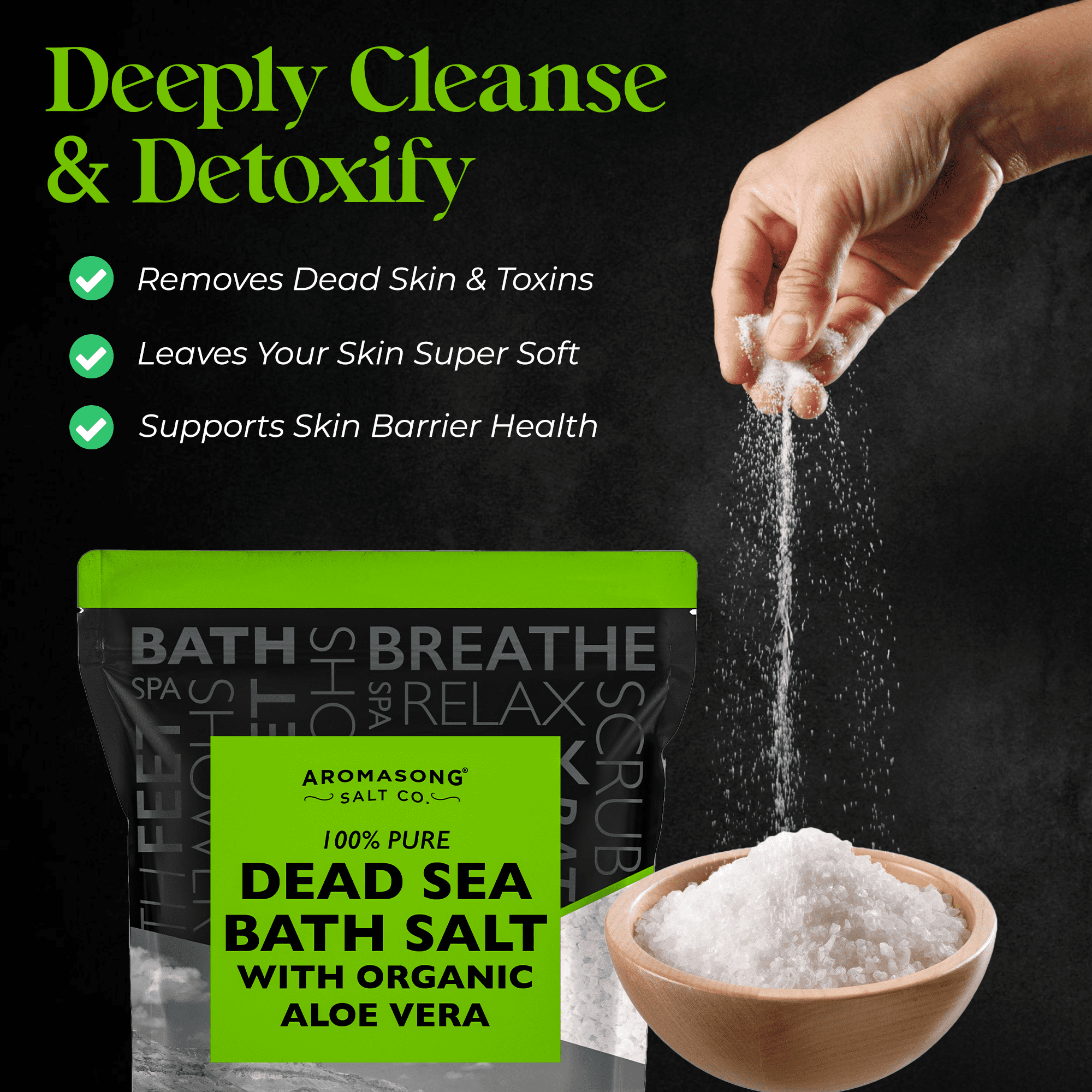 Aromasong Dead Sea Salt with Aloe Vera, 5 lb Fine Grain Bath Salt, 100% Natural, Resealable Pack for Soak & Scrub