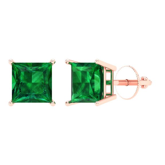 2 ct Screw-Back Stud Earrings for Women | 5.5mm Princess Cut Simulated Emerald | 18K Rose Gold