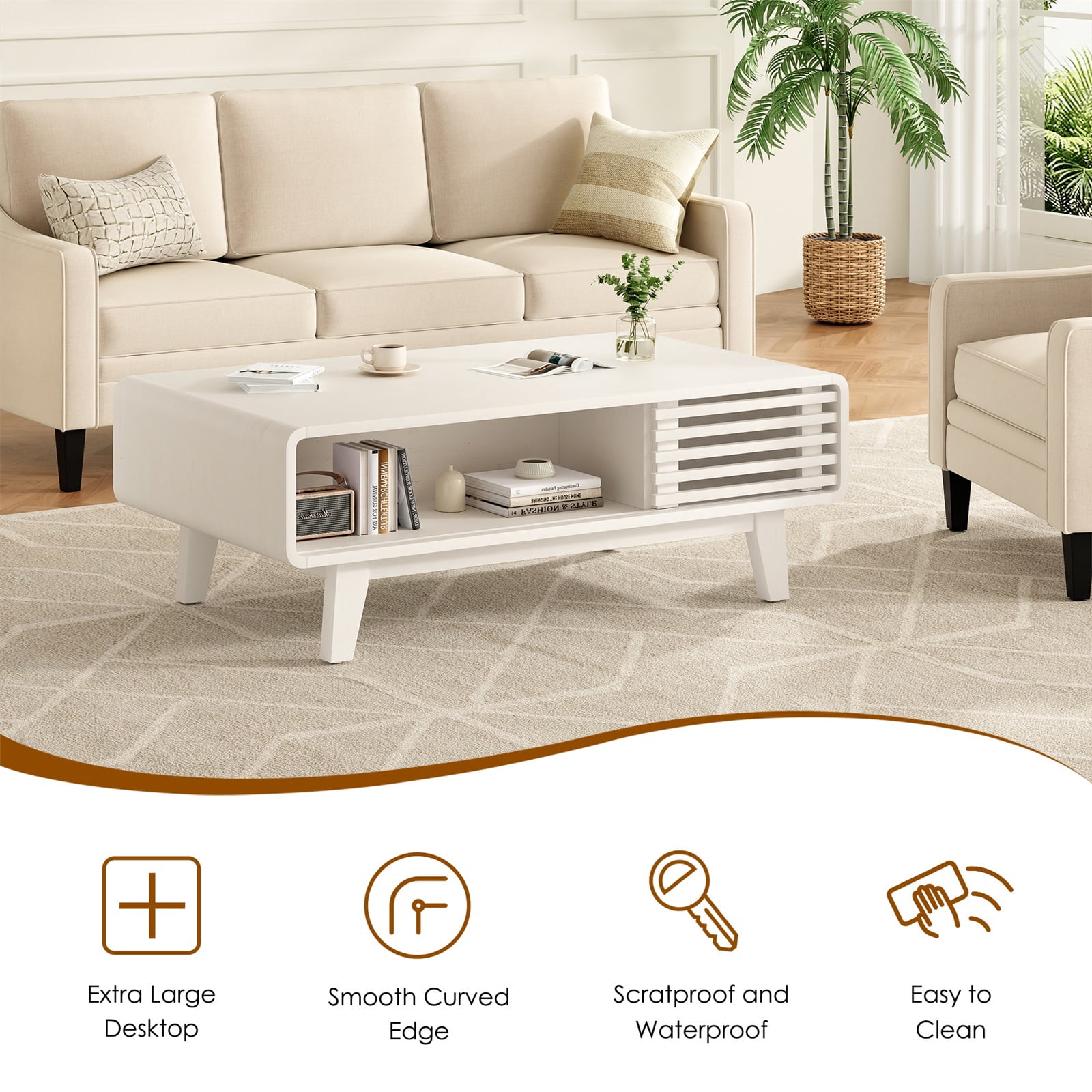 Hommoo Modern Coffee Table with Storage, Mid Century Farmhouse Wood Coffee Table for Living Room, Natural