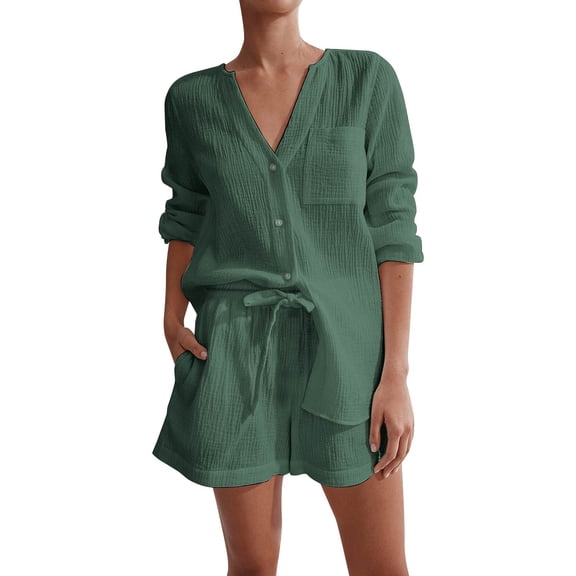 WAYUTE Womens 2 Piece Outfits Solid Color Short Sleeve V Neck Shirts and Shorts Conditioning Trendy Casual Homewear Summer Outfit