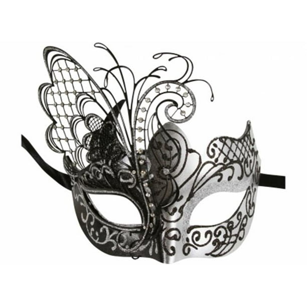 Kayso MEP008BKSL Noir & Argent Sexy Papillon Plastique Paillettes Masque de Mascarade avec la Conception en Métal Découpé au Laser & Strass Clair & 44; Taille Unique