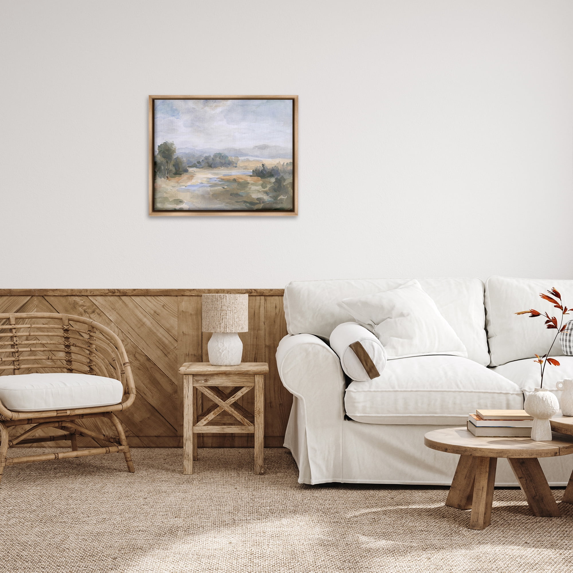 Stupell Industries Abstract Stream & Clouds Landscape Painting Brown Floater Framed Canvas Art Print Wall Art, 31 x 25