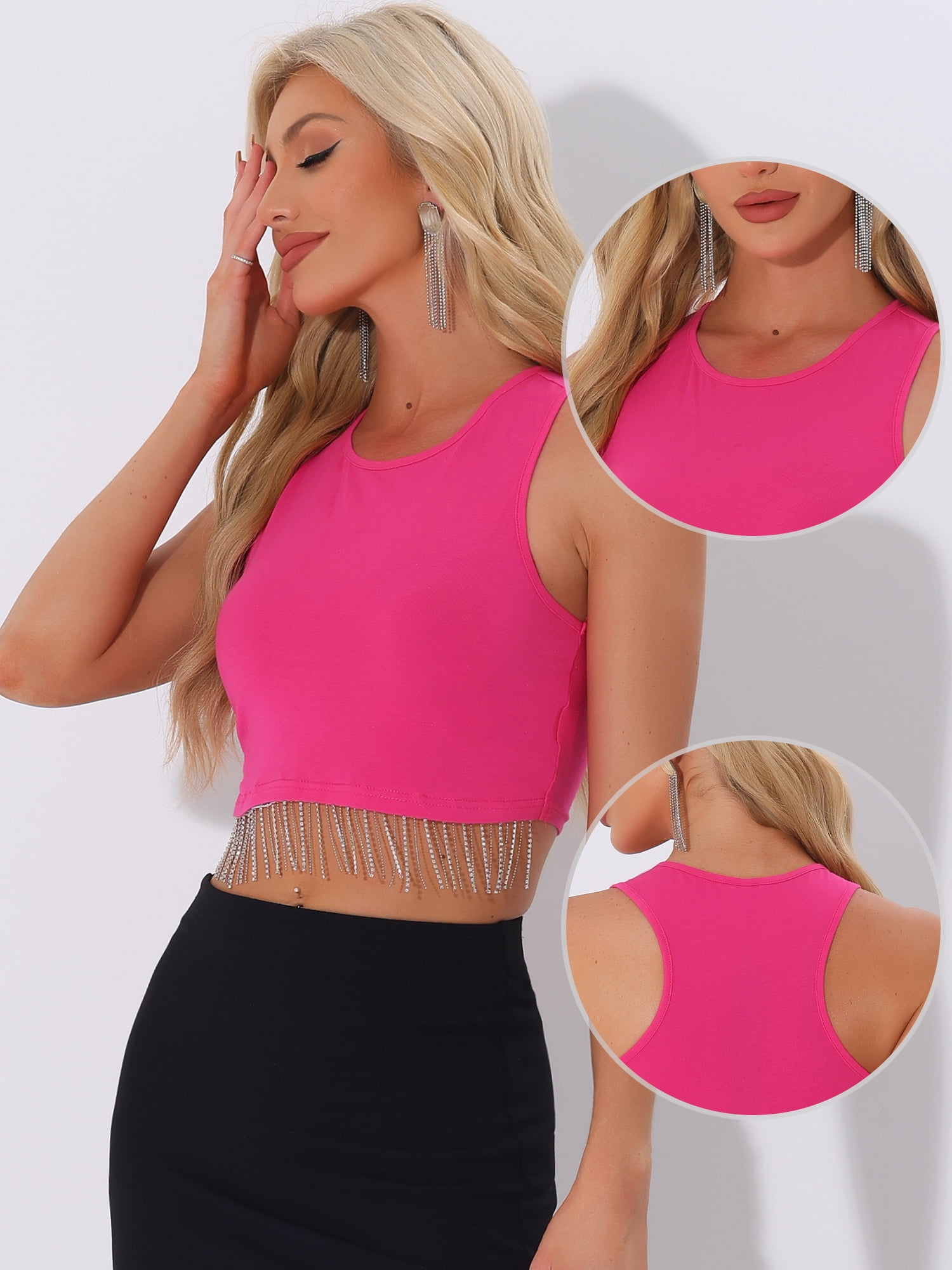 DARING DIVA Women's Fringe Tops Y2K Raceback Sparkly Tank Crop Tops S Hot Pink