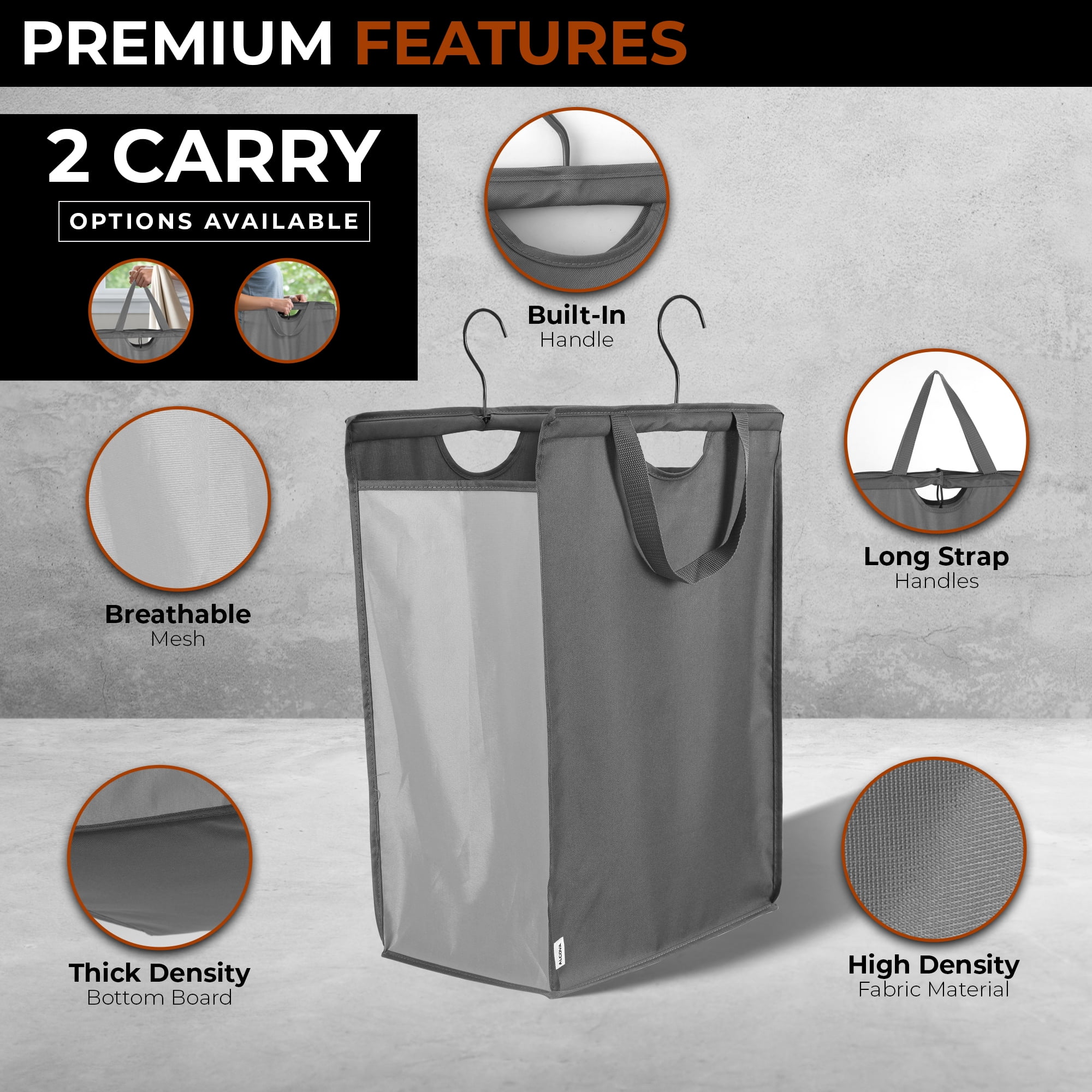 ALCOVA Hanging Laundry Hamper, Slim Space-Saving Hanging Closet Laundry Bags, Heavy Duty Mesh Bag with Handles and Hooks, Grey (2 pack)