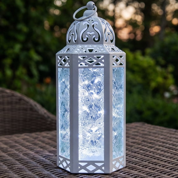 Moroccan Metal Candle Lantern Holder with LED Fairy String Lights, Medium, Cobalt Blue