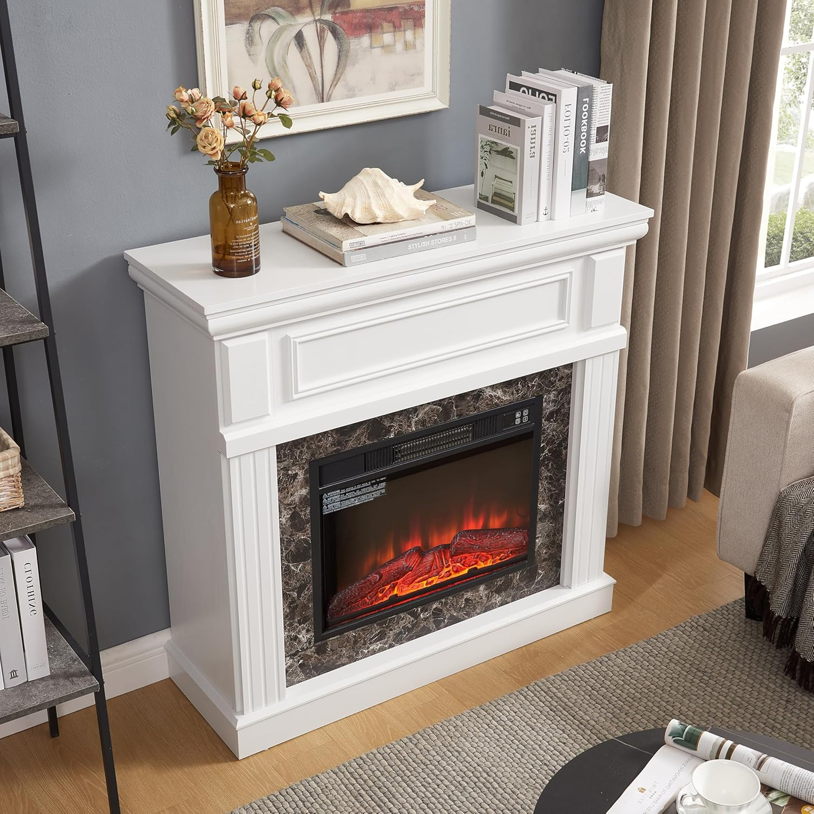HZWDD 45" Electric Fireplace with Mantel, Fireplace Heater Freestanding, Realistic Stacked Stone Surround with Remote Control Timer LED Flame