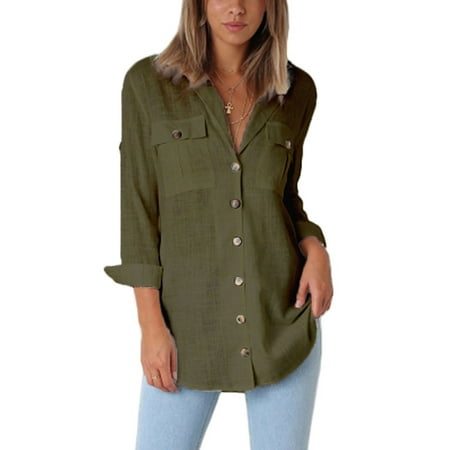 - Button Down Shirts for Women Women Roll-up Sleeve OL Shirts Casual Loose Lapel V Neck Blouse Fashion Tops