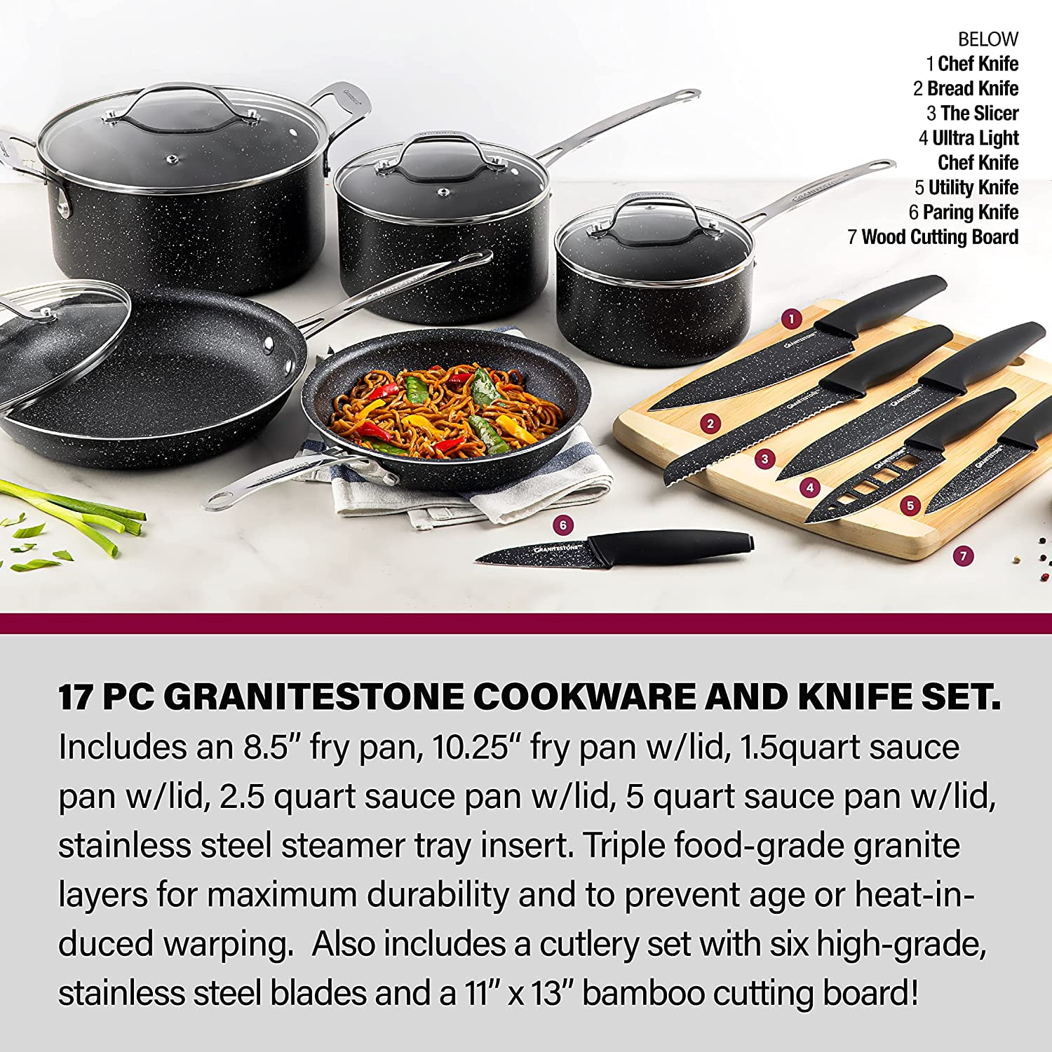 Granitestone 17 Piece Blue Cookware Set Including Knife Set And