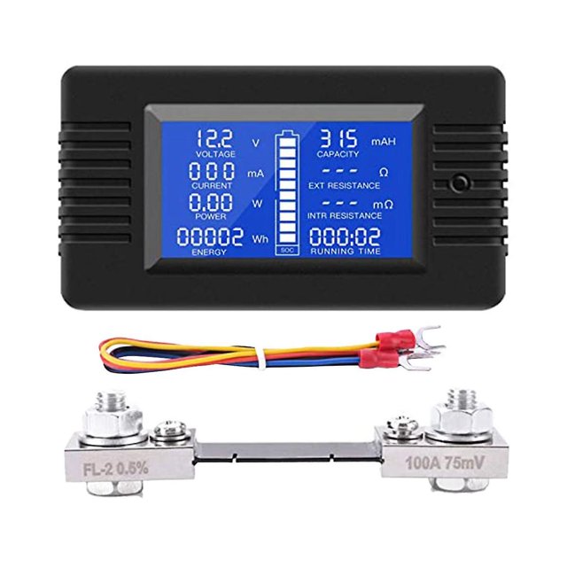 Medidor de potencia de monitor de batería de CC, amperímetro digital de CC de 0 a 200 V, derivación de 100 A, multímetro, medidor de voltímetro, tapa negra, negro