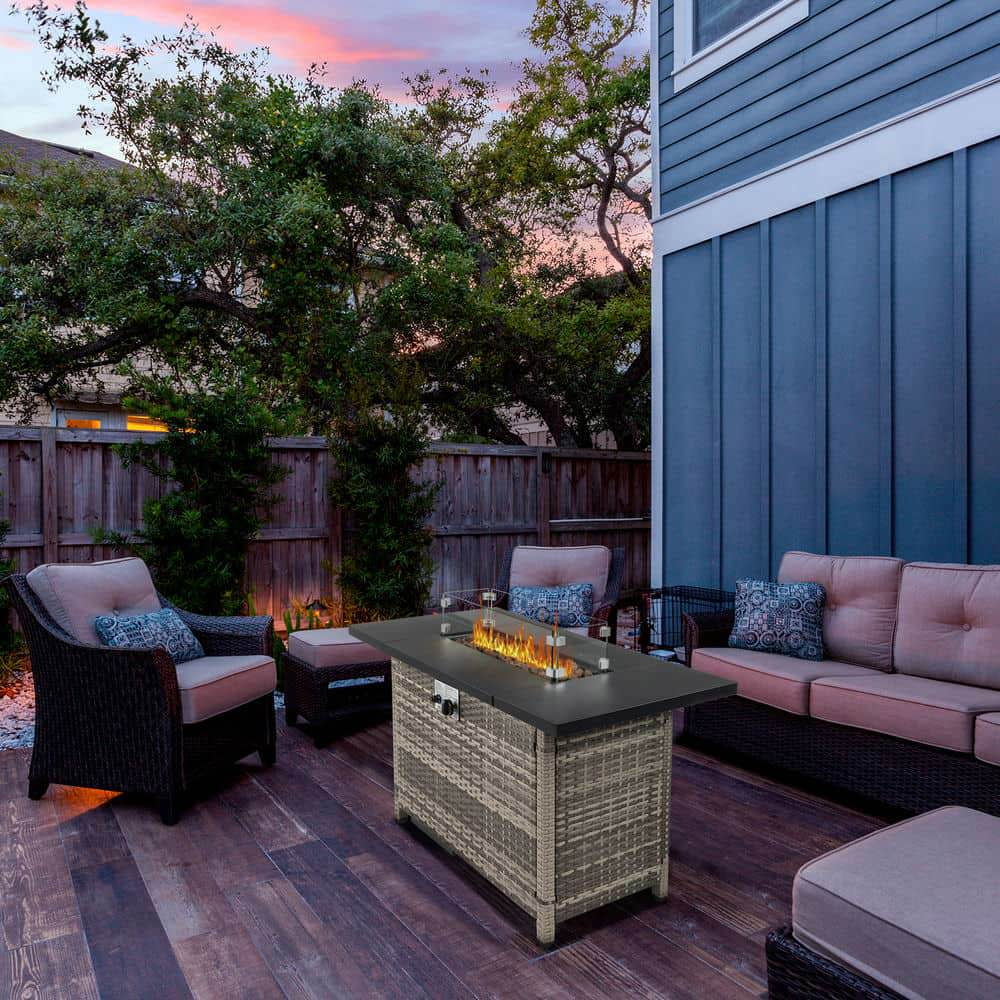 Spaco 43-Inch Fire Table with Grey Woven Rattan Side Panel, 50000 BTU Gas Firepit with Volcanic Stone, Fire Pit Table for Outdoor as Patio, Picnic, Backyard, Gray+Brown