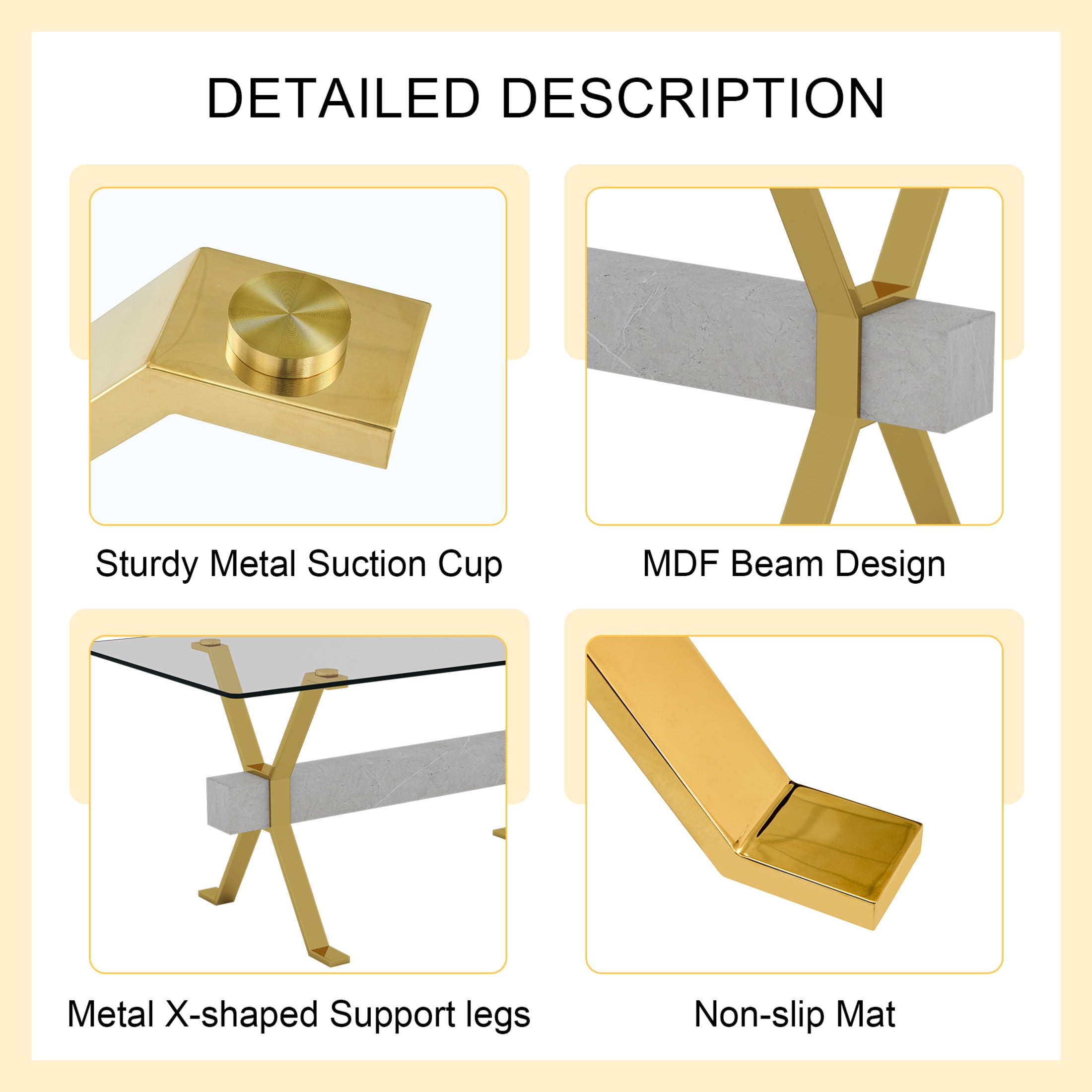 Noble House Modern Dining Table, Tempered Glass Top, X-Shaped Gold Metal Legs, Gray MDF Beam for Home Office, Clear