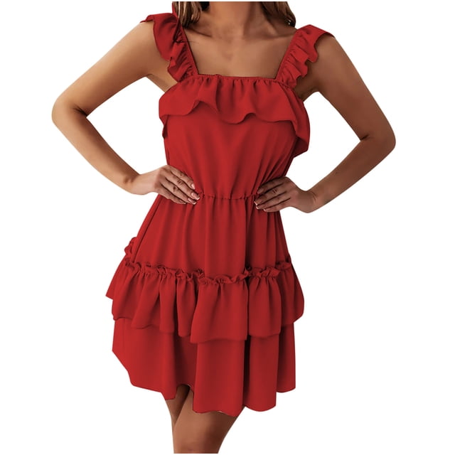 UPPADA Robes d'Été à Bretelles pour Femmes, Robe Nuisette à Volants à Double Couche pour Femmes, Robe d'Été Unie Sans Manches, Jolies Robes