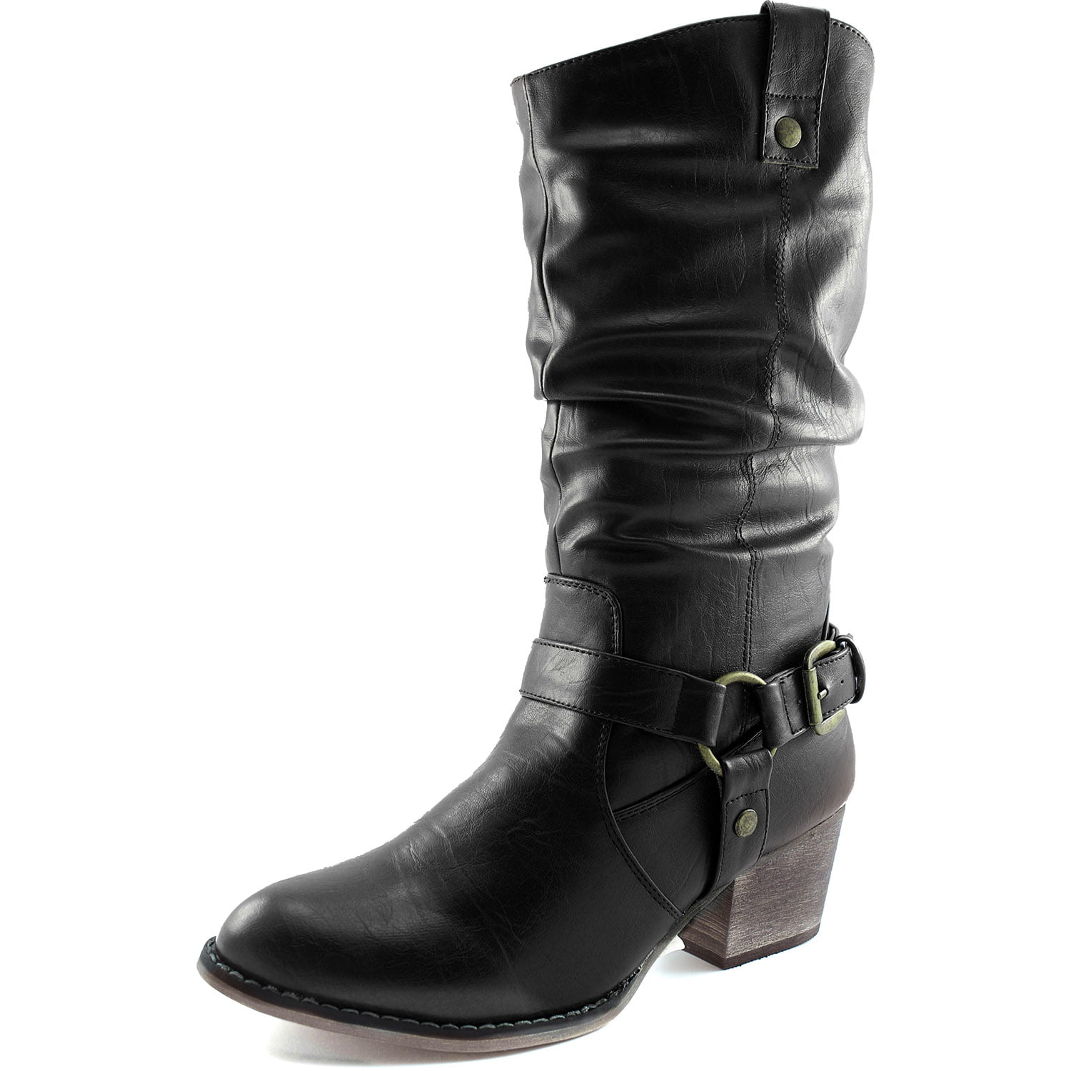 Women's Mid Kitten Heel Slouch Knee High Boots Riding Motorcycle Mid Calf Boots