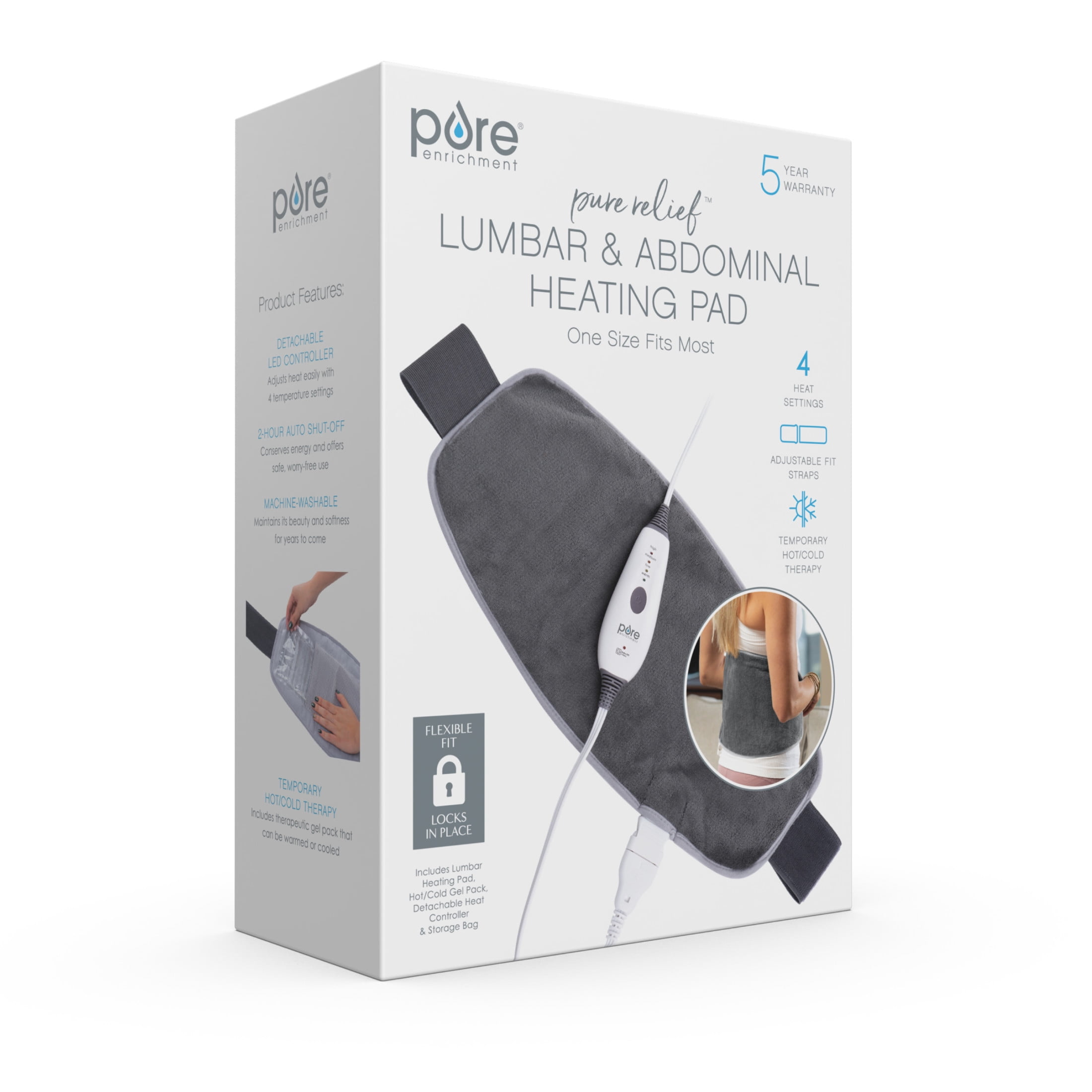 Pure Enrichment PureRelief Lumbar & Abdominal Heating Pad - 4 Heat Settings, Adjustable Belt, Hot/Cold Gel Pack, and Storage Bag -  Ideal for Back Pain