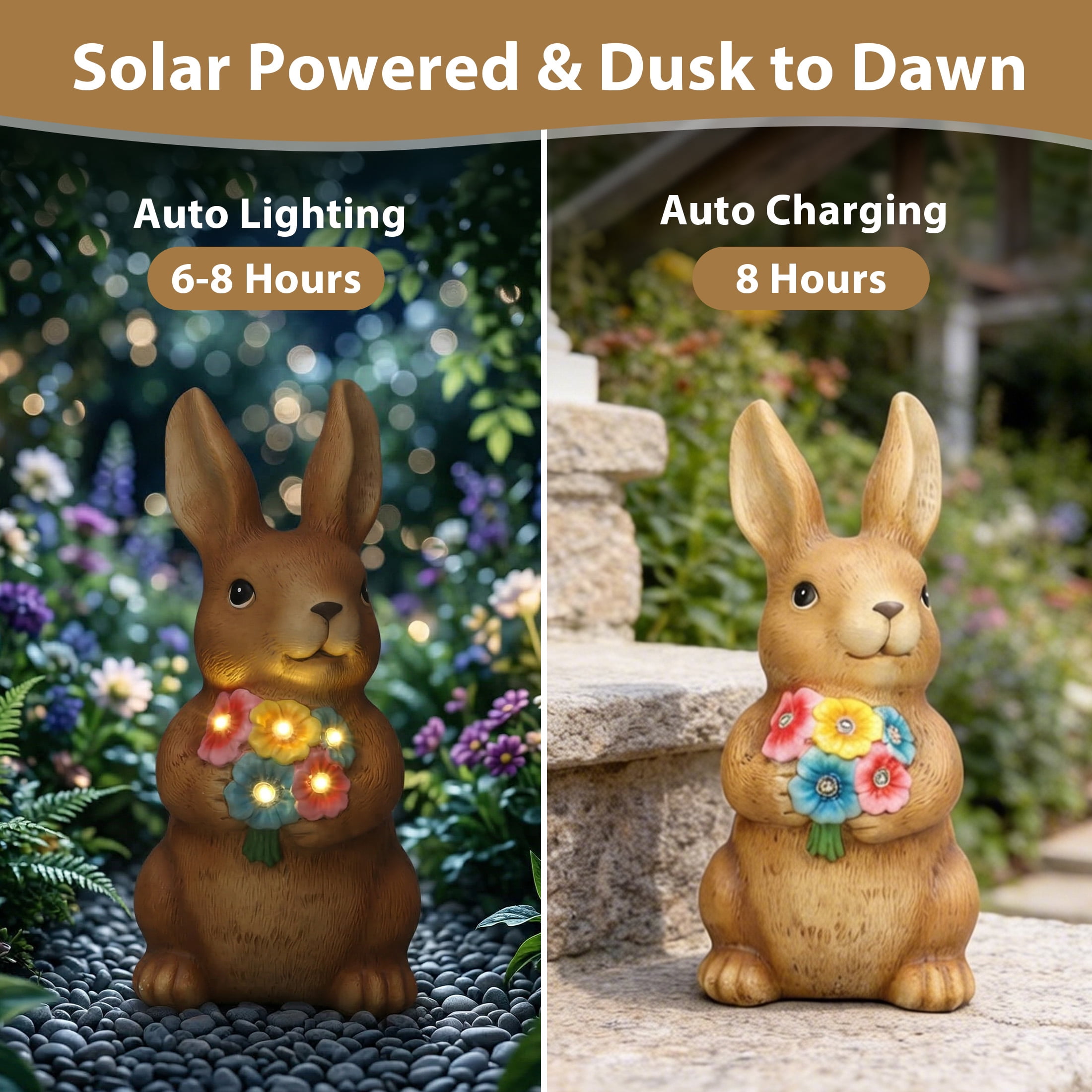 The Growing Ground Solar Bunny Garden Statue with LED Light, Outdoor Resin Rabbit Lawn Decor for Garden, Patio, Pathway, Brown