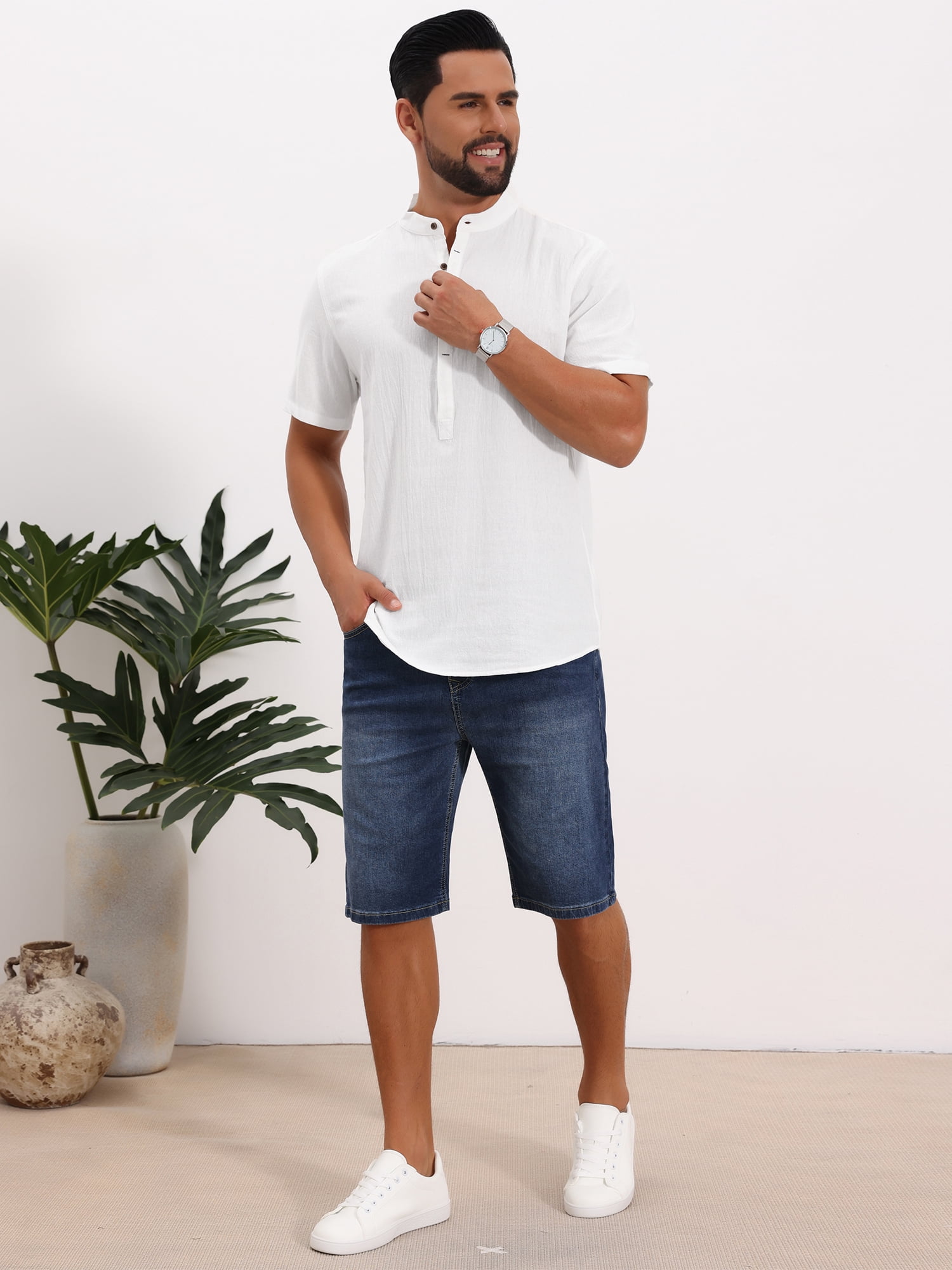 DARING DIVA Men's Casual Henley Band Collar Short Sleeve Summer Linen Shirts S White