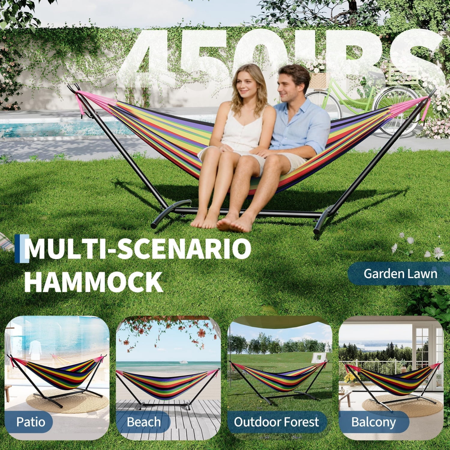 JoanKaren Double Hammock with Portable Space Saving Heavy-Duty Steel Stand,2 Person Outdoor 450lb Capacity Standing Hammocks,Indoor/Outdoor,Black Rainbow Stripes