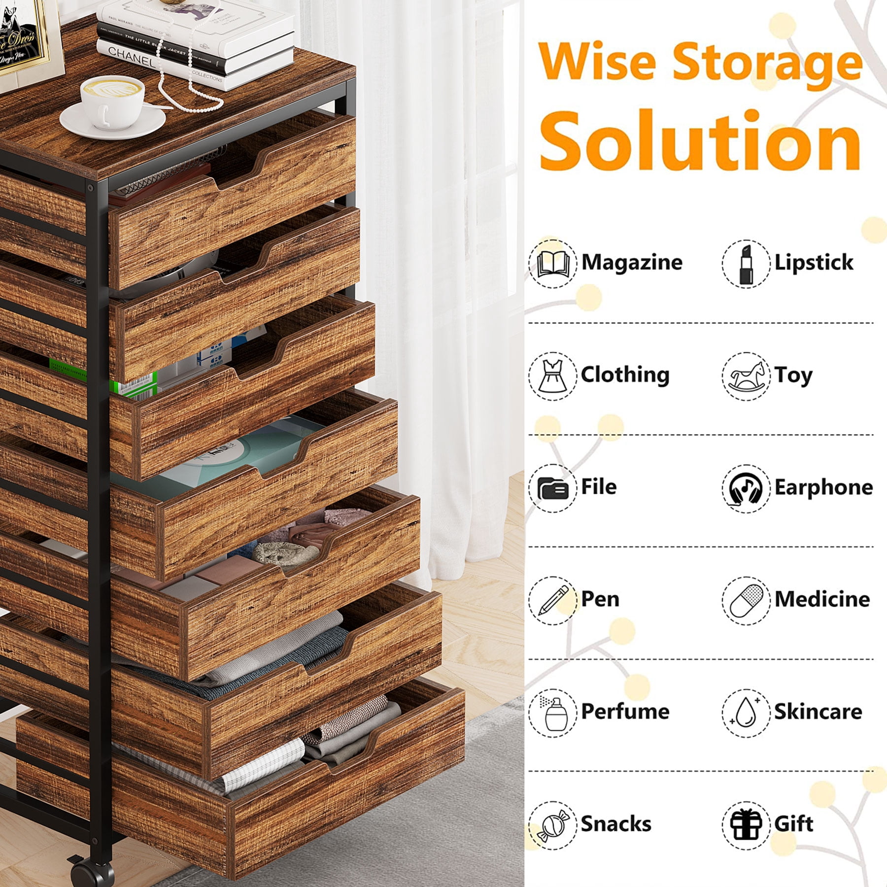 Tribesigns Industrial 7-Drawer Chest Dresser with Wheels Storage Wood Organizer Cart for Entryway