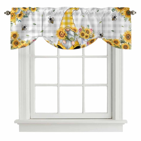Gnomes Tie Up Valance Curtains for Windows, Kitchen Curtains Window Treatments, Vintage Yellow Sunflower Summer Bee Grey Plaid Short Window Shades Valances for Bedroom Bathroom Cafe 42"x12"