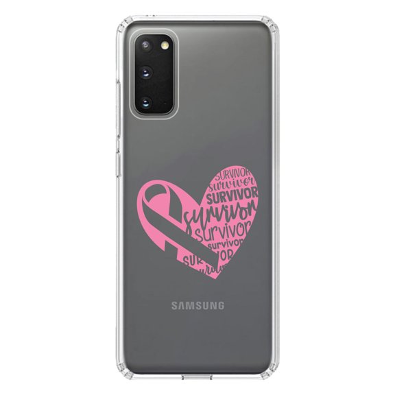 DistinctInk Clear Shockproof Hybrid Case for Galaxy S20 ULTRA / 5G (6.9" Screen) - TPU Bumper Acrylic Back Tempered Glass Screen Protector - Pink Ribbon Cancer - Survivor Heart