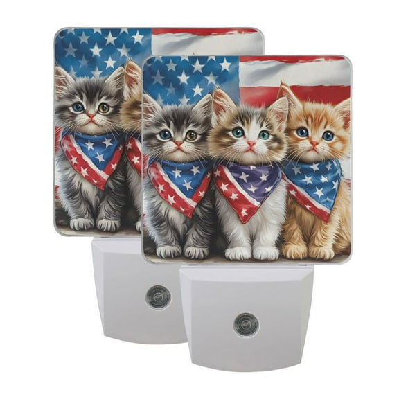 ALAZA Cat American Flag Night Lights 2 Pack Plug-in Wall LED Nightlight Auto Dusk-to-Dawn Sensor Lamps