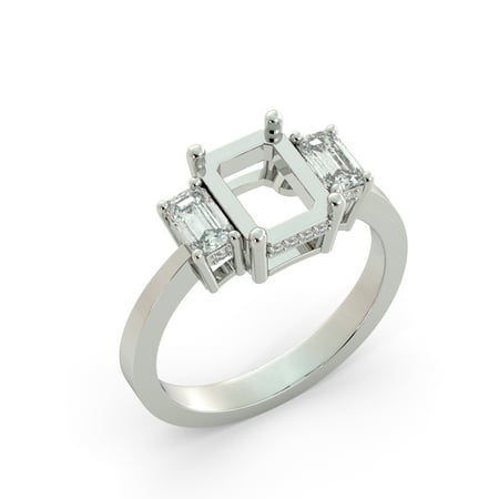 Emerald Semi Mount Ring - Emerald 3 Stone Diamond Semi Mount Bridal Round Engagement Ring 18k White Gold