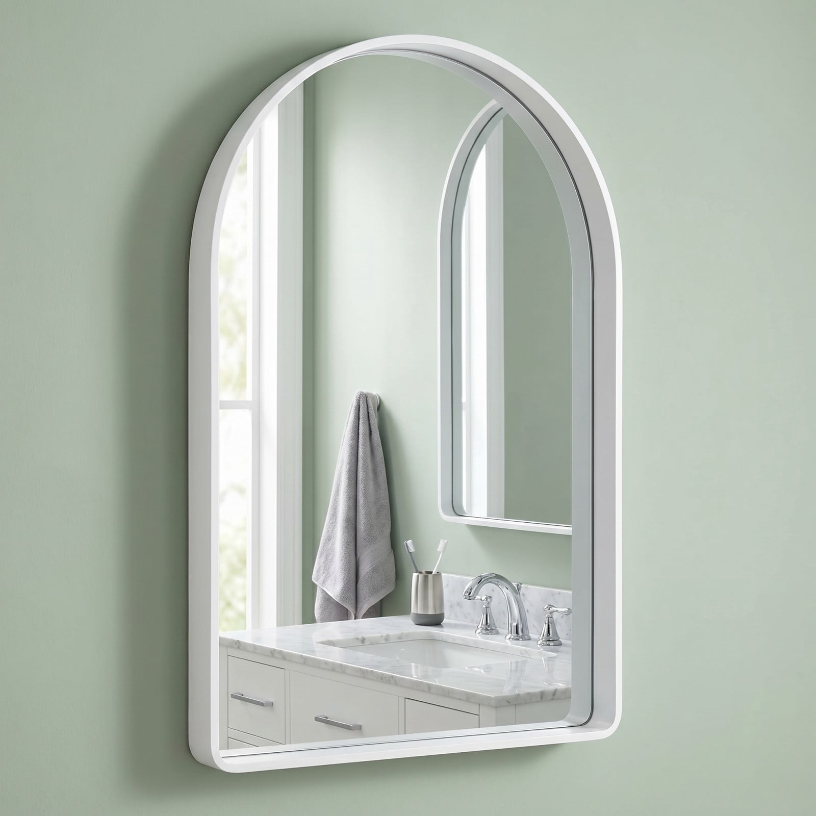 GRAHMCY 20"x30" Arched Bathroom Mirror Rounded Corner Vanity Wall Mirror with Deep Frame, White